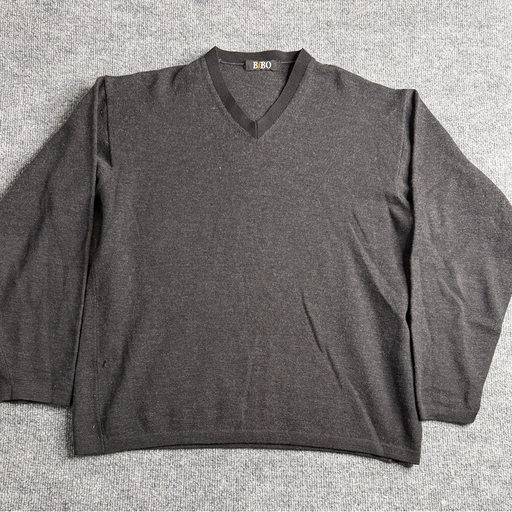 Mens Gray V-Neck Wool Blend Large Pullover Long Sleeve Sweater